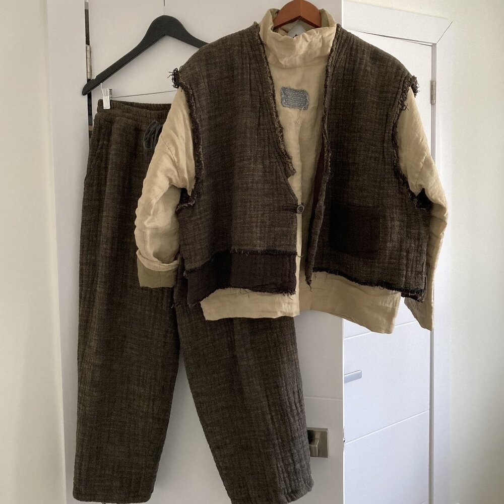 Unique 100% Cotton Double Sided Set of 2 Pants and Vest, OS, Brown/Khaki